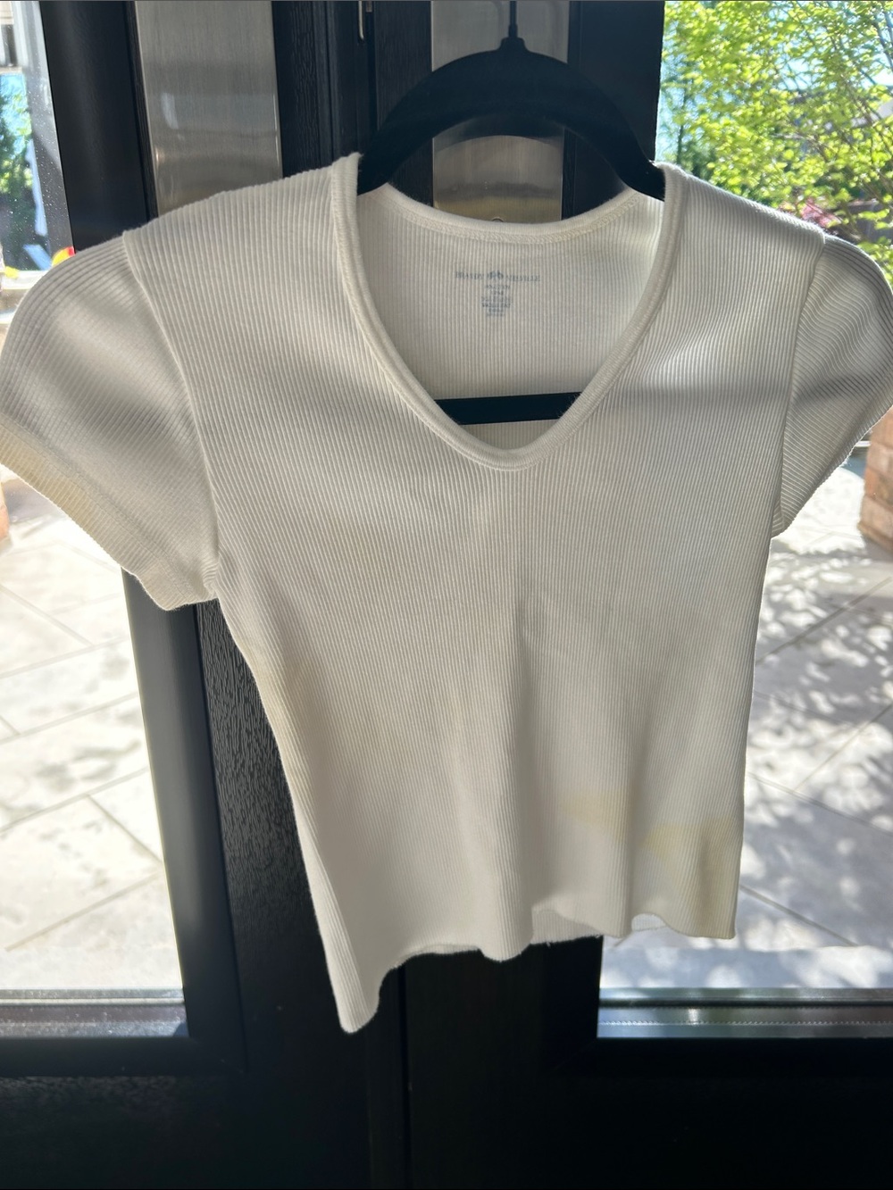 Brandy Melville White Ribbed V-Neck Short Sleeve Tee